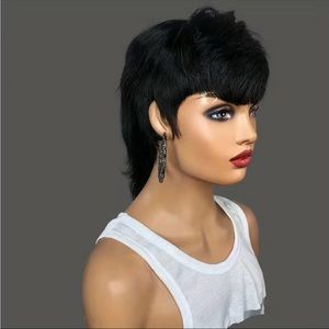 Human Hair Wig Short Pixie Cut With Bangs Mullet Haircut Dovetail Brazilian Remy